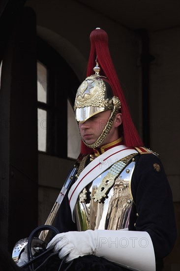 England, London, Westminster Whitehall Horse Guards Parade member of the Household Cavalry on horseback. 
Photo : Stephen Rafferty