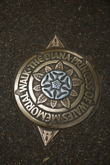 England, London, Westminster placque in the ground marking the Princess Diana memorial walk through St James Park. 
Photo : Stephen Rafferty