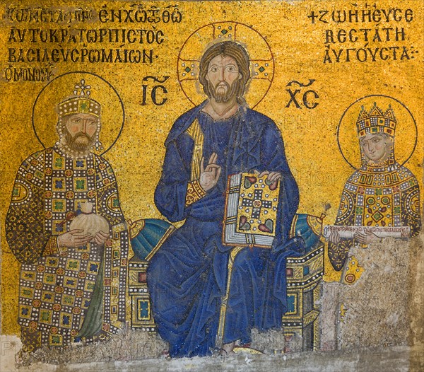 Turkey, Istanbul, Sultanahmet Haghia Sophia 11th Century Mosaic of Christ with Emperor Constantine IX and Empress Zoe. 
Photo : Paul Seheult