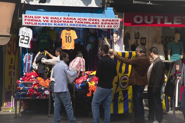 Turkey, Istanbul, Eminonu Shop selling football shirts. 
Photo : Stephen Rafferty