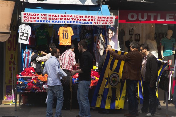 Turkey, Istanbul, Eminonu Shop selling football shirts. 
Photo : Stephen Rafferty