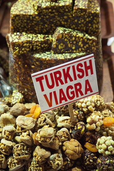 Turkey, Istanbul, Eminonu Misir Carsisi Spice Market interior. Turkish Viagra snack made with nuts. 
Photo : Stephen Rafferty
