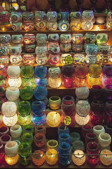 Turkey, Istanbul, Eminonu Misir Carsisi Spice Market display of colourful lamps. 
Photo : Stephen Rafferty