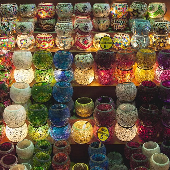 Turkey, Istanbul, Eminonu Misir Carsisi Spice Market display of colourful lamps. 
Photo : Stephen Rafferty