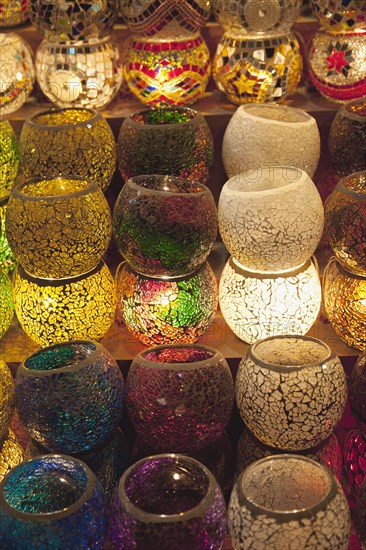 Turkey, Istanbul, Eminonu Misir Carsisi Spice Market display of colourful lamps. 
Photo : Stephen Rafferty