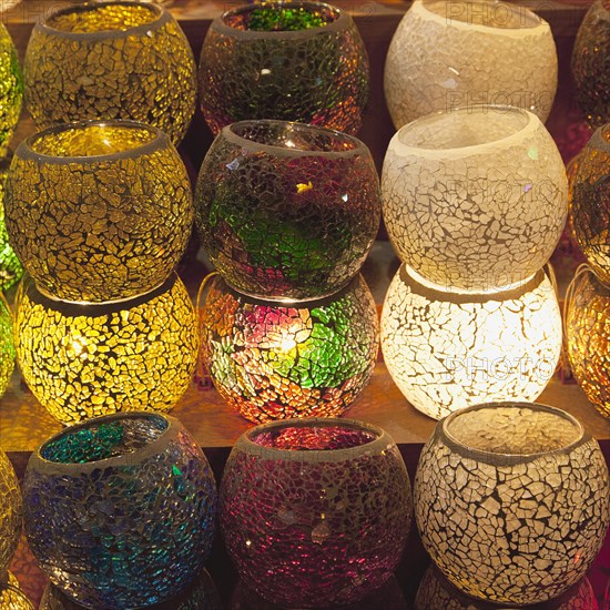 Turkey, Istanbul, Eminonu Misir Carsisi Spice Market display of colourful lamps. 
Photo : Stephen Rafferty