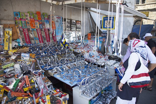 Turkey, Istanbul, Karakoy Galata stall selling plumbing equipment. 
Photo : Stephen Rafferty