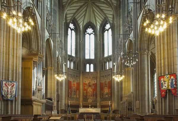 England, West Sussex, Shoreham-by-Sea, Lancing College Chapel interior view of the High Altar. 
Photo : Stephen Rafferty