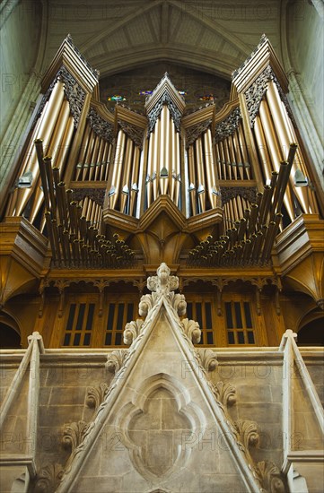 England, West Sussex, Shoreham-by-Sea, Lancing College Chapel interior view of the main organ. 
Photo : Stephen Rafferty