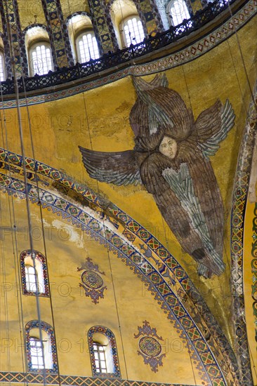 Turkey, Istanbul, Sultanahmet Haghia Sophia Mural of a six winged seraph or angel below the central dome. 
Photo : Paul Seheult