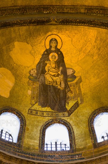 Turkey, Istanbul, Sultanahmet Haghia Sophia Mural of Virgin Mary holding the baby infant Jesus in the domed interior. 
Photo : Paul Seheult