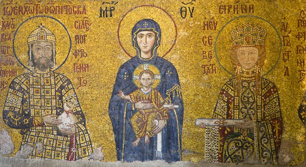 Turkey, Istanbul, Sultanahmet Haghia Sophia mosaic of the Virgin Mary holding the Christ Child (Child Jesus) with Emperor John II Comnenus and Empress Irene. 
Photo : Paul Seheult