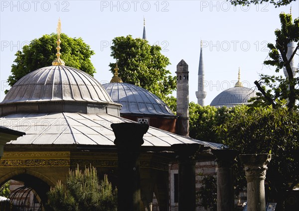 Turkey, Istanbul, Sultanahmet Haghia Sophia Ablutions Fountain with dome and minarets of the Blue Mosque beyond. 
Photo : Paul Seheult