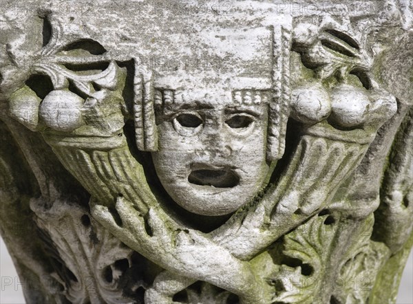 Turkey, Istanbul, Sultanahmet Haghia Sophia 7th Century Byzantine marble Capital column top with masked head. 
Photo : Paul Seheult