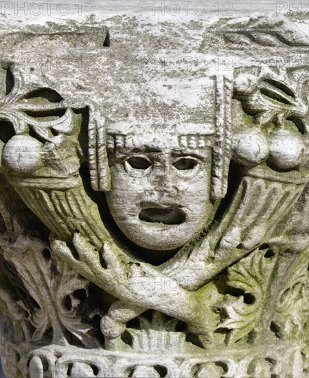 Turkey, Istanbul, Sultanahmet Haghia Sophia 7th Century Byzantine marble Capital column top with masked head. 
Photo : Paul Seheult