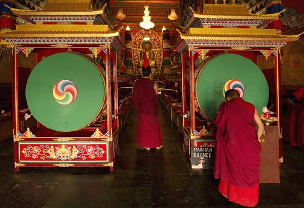 Buddhist Lama Monks in a ritual in a monastery, Sikkim, India