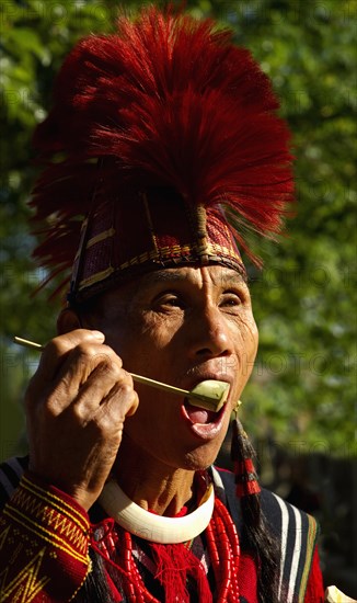 PORTRAIT OF A TRIBAL WEARING THE TRADITIONAL COSTUME OF A NAGA WARRIOR TRIBE, NAGALAND, NORTH EAST INDIA