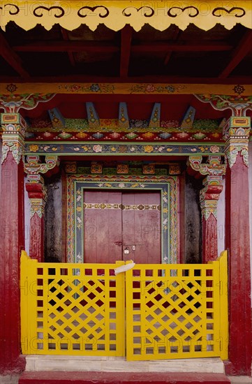 Art in Buddhist Monastery architecture in Sikkim, India - hand crafted and painted door