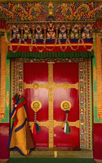 Art in Buddhist Monastery architecture in Sikkim, India - hand crafted and painted door