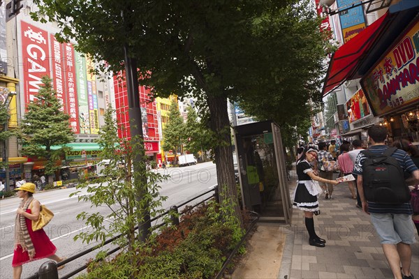 Japan, Honshu, Tokyo, Ginza district girl dressed in French Maids costume handing out flyers. 
Photo : Jon Burbank