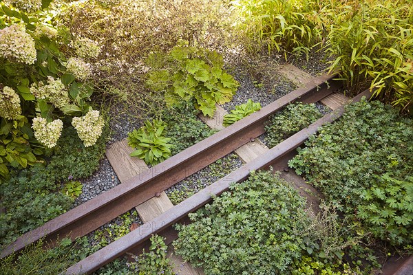 USA, New York, Manhattan, West Side High Line a section of the original rail line preserved on the a public park built on an historic freight rail line elevated above the streets. 
Photo : Jon Burbank