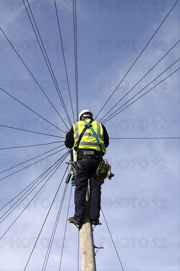 Communications, Telephones, Telecommunications engineer working on phone lines at the top of a telegraph pole. 
Photo : Patrick Field