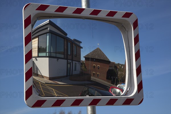 Transport, Road, Safety, Convex mirror used to view oncoming traffic from unsighted exit. 
Photo : Stephen Rafferty