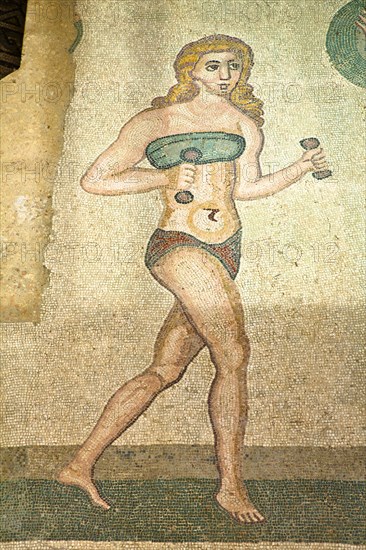 Italy, Sicily, Piazza Armerina, Villa Romana del Casale Mosaic of female gymnasts in bikinis Hall of Female Gymnasts. 
Photo : Mel Longhurst