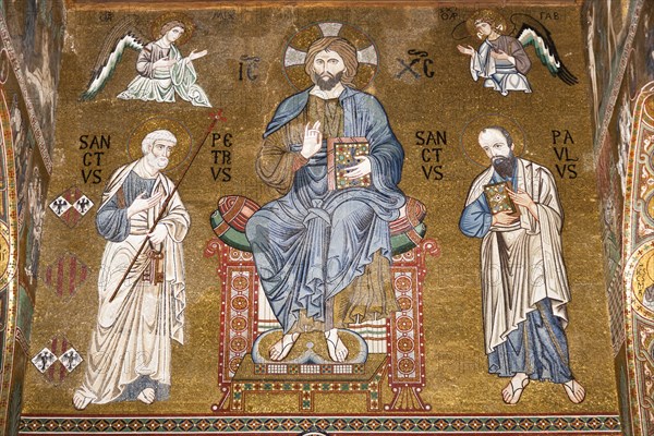 Italy, Sicily, Palermo, Palazzo dei Normanni Cappella Palatina Jesus Christ St Peter and St Paul mosaic. 
Photo : Mel Longhurst