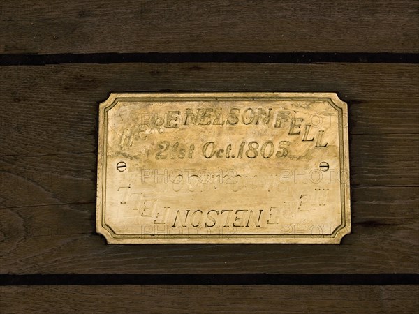 England, Hampshire, Portsmouth, Deck of the HMS Victory with plaque marking Here Nelson Fell. 
Photo : Chris Penn