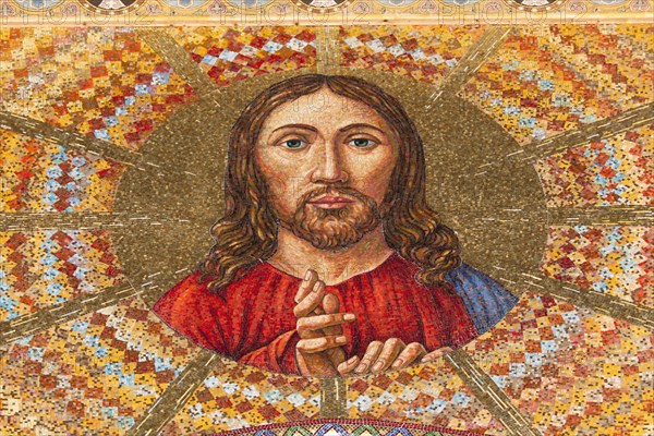 Italy, Sicily, Messina, Piazza Del Duomo Jesus Christ mosaic inside Cathedral. 
Photo : Mel Longhurst