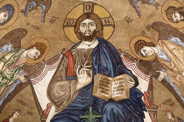 Italy, Sicily, Messina, Piazza Del Duomo Jesus Christ mosaic inside Cathedral. 
Photo : Mel Longhurst