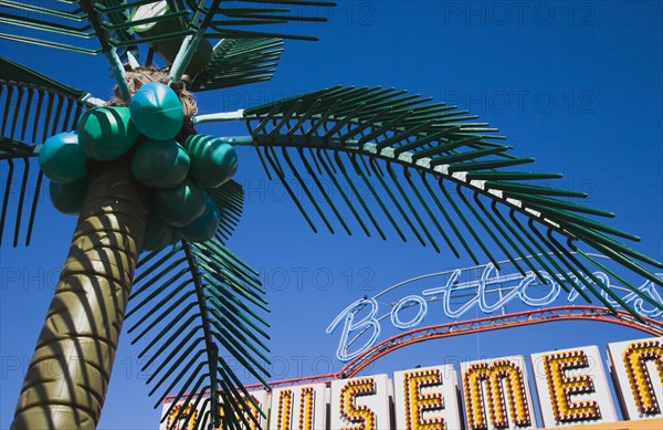 Plastic artificial Palm Tree with amusement arcade behind in clear blue sky.