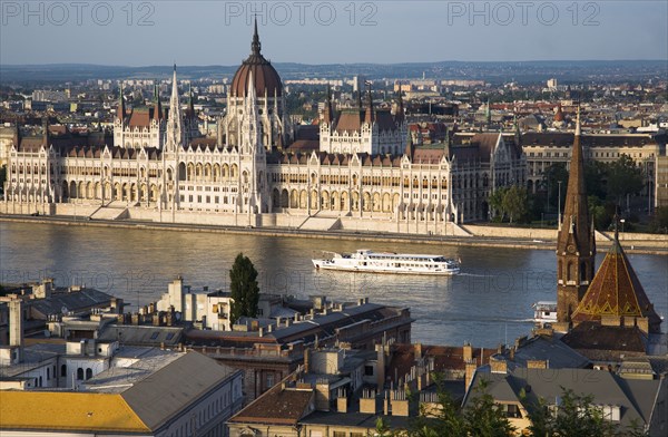 Buda Castle District view over Danube and Pest with Parliament Building.