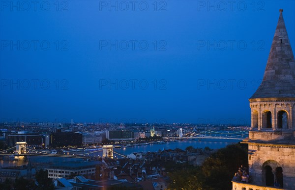 Buda Castle District view over Danube and Pest from Fishermen's Bastion.