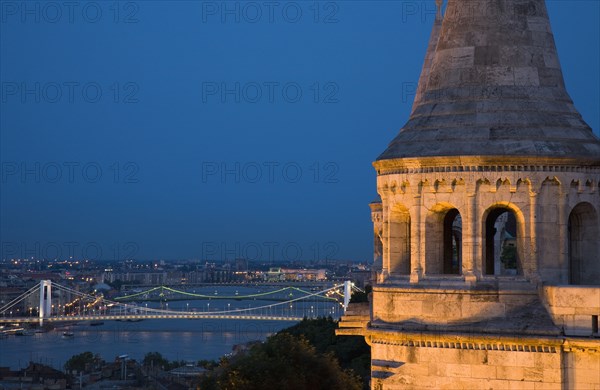 Buda Castle District view over Danube and Pest from Fishermen's Bastion.