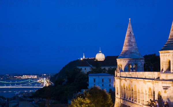 Buda Castle District: view over Danube and Pest from Fishermen's Bastion.