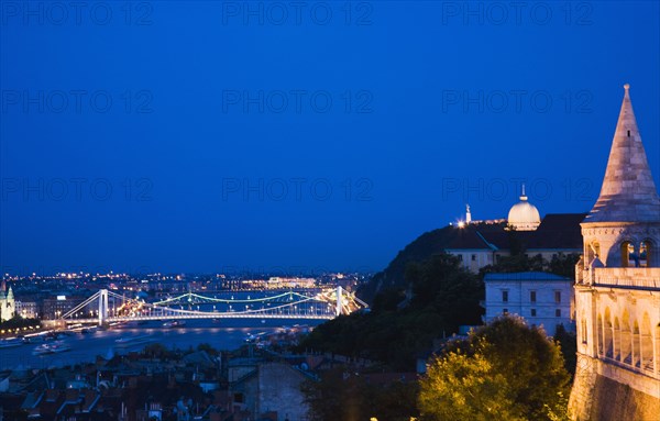 Buda Castle District view over Danube and Pest from Fishermen's Bastion.