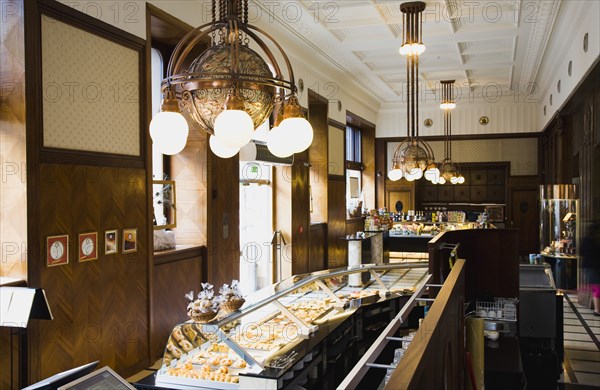 Restored Art Nouveau cafe interior on Andrassy Ut premier shopping district in central Pest.