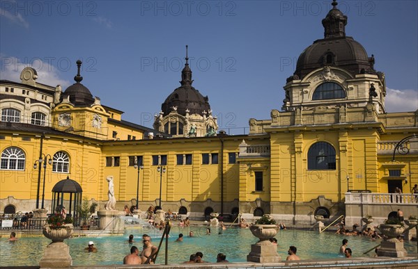 Pest Outdoor bathing in summer at Szechenyi thermal baths largest in Europe.