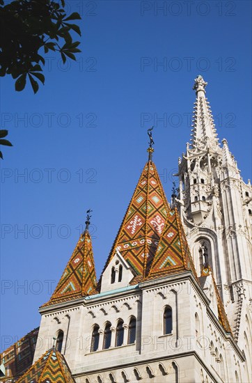 Buda Castle District the tiled Bela tower with Matyas Church behind.