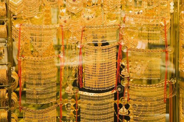 Gold jewellery in window display of Gold Souk Deira.
