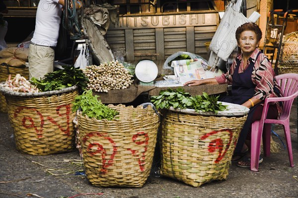 Fresh Ginger and herbs on sale in Chinatown market.