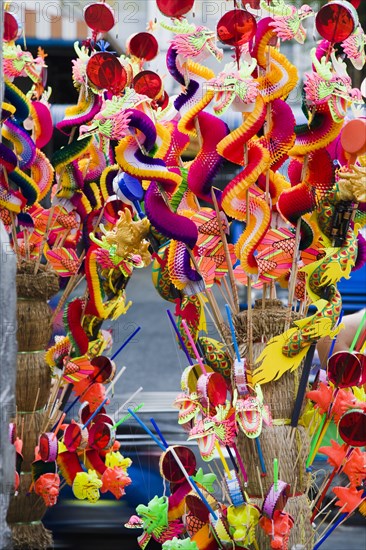 Children's toy dragons on stall in Chinatown for Chinese New Year.