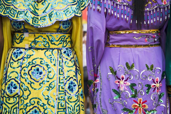 Embroidered womens dresses viewed from behind.