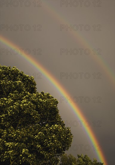 Double rainbow against storm clouds.