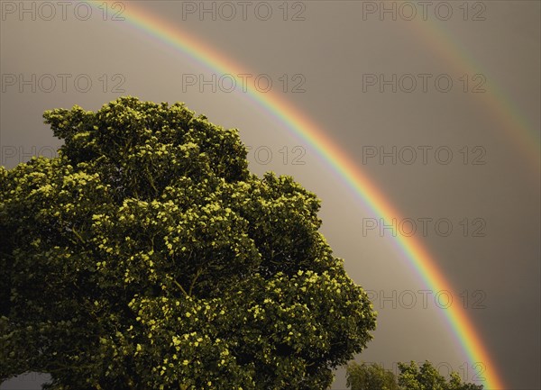 Double rainbow against storm clouds.