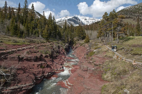 Red Rock Canyon at Waterton Lakes National Park. Meltwater from a glacier runs through the canyon The red rock is argillite which contains oxidized iron. Pine trees atop the canyon Couple hiking along the trail that runs along both sides of the canyon