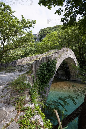 Old Greek traditional arch style stone bridge at a nature protected area with the cleanest rivers in Europe.