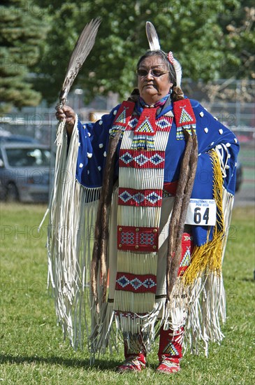 Blackfoot dancer in blue cape trimmed withotter fur and porcupine quill apron holding a feather fan in the Women's Traditional Dance at the Blackfoot Arts & Heritage Festival Pow Wow organized by Parks Canada and the Blackfoot Canadian Cultural Society UNESCO World Heritage Site.